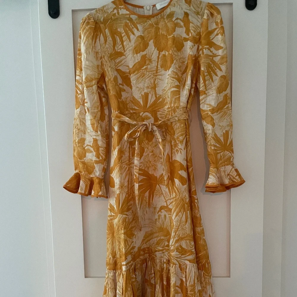 Zimmermann Linen Midi Dress (Mae Belted Ruffled - Yellow/Ivory/White) - Picture 5 of 10